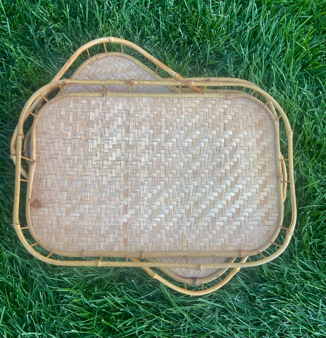 Sets Vintage Bamboo Rattan Serving Trays Outdoor Patio Etsy