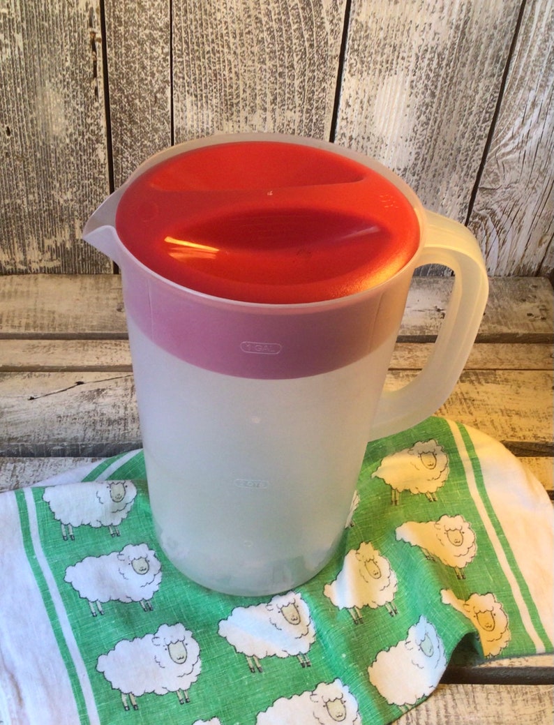 Pu&ograve; includere: Una caraffa in plastica traslucida con coperchio rosso e manico, dotata di un'indicazione di capacit&agrave; di 1 gallone sul lato. La caraffa &egrave; posizionata su un panno di tessuto bianco decorato con un motivo ripetitivo di piccole pecore bianche.