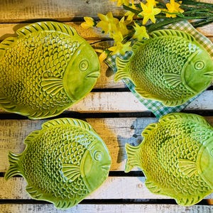 Vintage 4 Pc Fish Plates Wall Decor Green Ceramic 6 - 8”, Green Fish Plates Set of 4