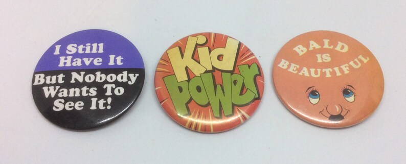 Bald is Beautiful Button, Hippie Boho Pins 9 Pin Back Button Pins from 1970s Backpack Clothing Accessories