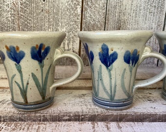 Vintage Studio Pottery Tulip  Mugs Set x 4, Handmade Pottery Cups w Tulips