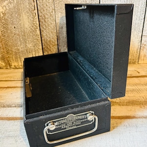 Vintage 1940s Black Metal Lockbox from Mutual Benefit Health & Accident Association, Vintage Insurance Policy Document Holder