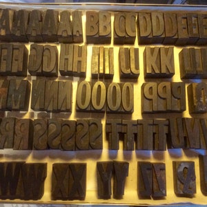 May include: A collection of vintage wooden letterpress printing blocks in a wooden box. The blocks are arranged in alphabetical order and include letters A through Z, as well as numbers 0 through 9.