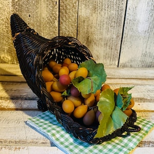 Vintage Cornucopia Rattan Basket 11”, Rustic Fall Harvest Decor, Horn of Plenty, Thanksgiving Centerpiece