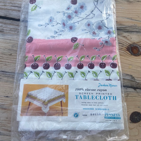 Vintage Cotton Tablecloth Summer Cherries and Blossoms 53”  NOS By Fashion Manor Penney’s , Retro Kitchen Patio Square Summer Tablecloth