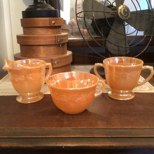 Vintage Fire King Peach Lustre Sugar & Creamer Plus Cup 3 Pc Set, Peach Luster Glass Creamer and Sugar Set