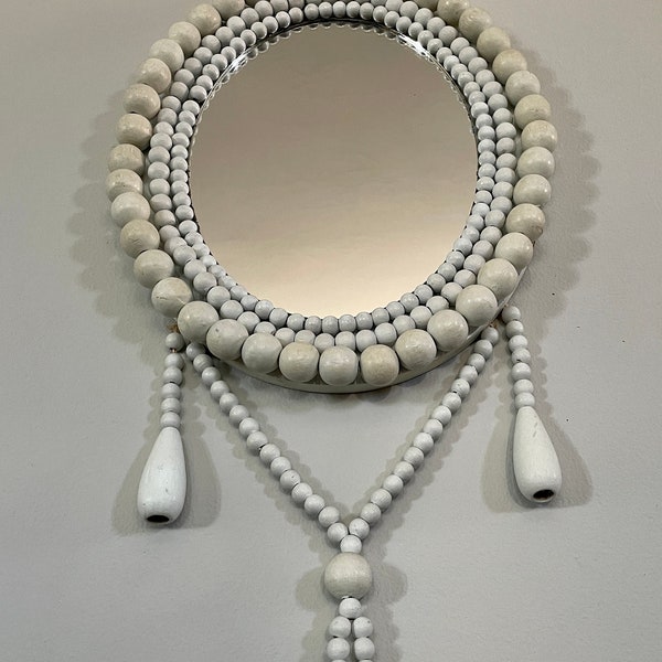 Vintage lariat style beaded oval mirror - pale blue - Boho style