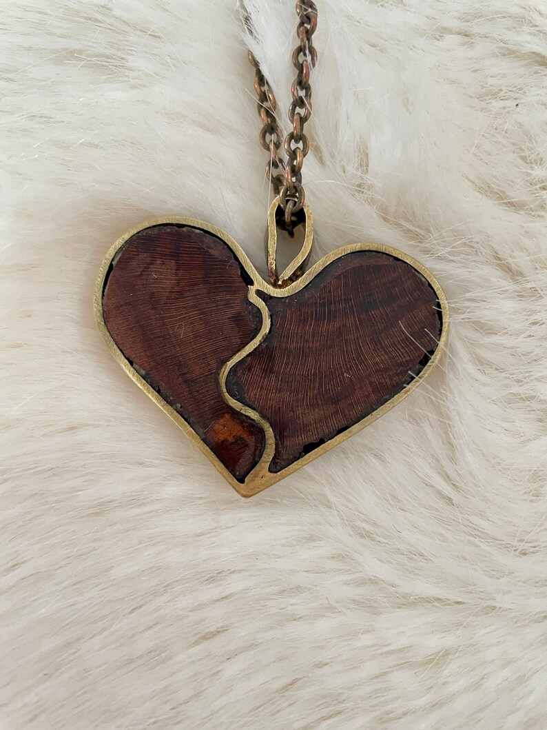 one of a kind bohemian brutalist style Vintage chunky wood and brass handmade heart pendant necklace