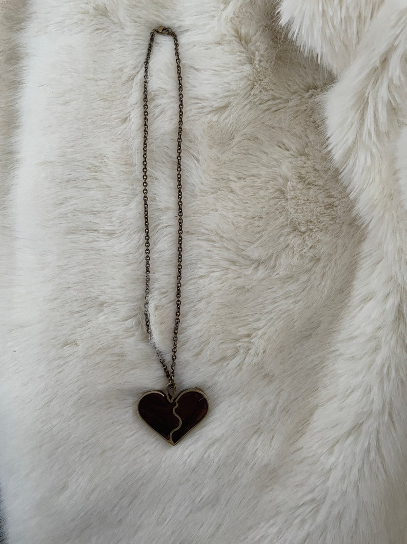 one of a kind bohemian brutalist style Vintage chunky wood and brass handmade heart pendant necklace