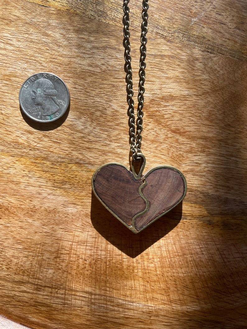 one of a kind bohemian brutalist style Vintage chunky wood and brass handmade heart pendant necklace