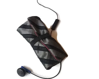 Earbud Earphone Holder Roll Case Black and Red Stripe Men's music gift