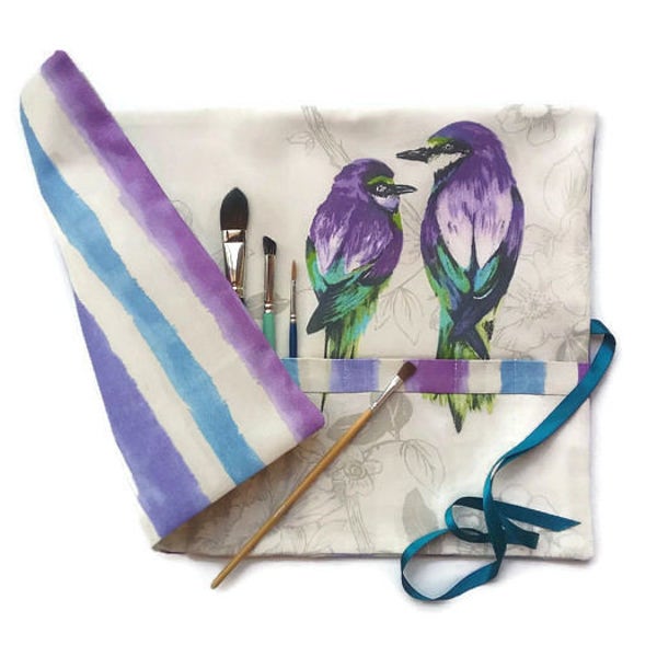 Artist Brush Roll Blue Purple Birds Watercolour Brush Roll