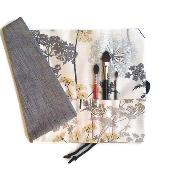 Artist Paint Brush Roll Grey and Cream Floral Creative Artist Gift