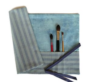 Paint Brush Roll, Navy and Aqua Artist Gift, Brush Roll