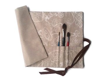 Artist Brush Roll Natural Cotton Paint Brush Roll, Natural and White Floral Design