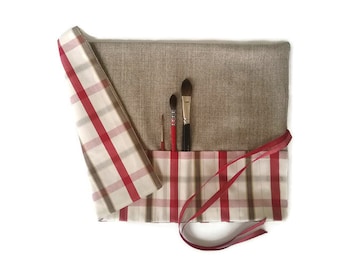 Artist Paint Brush Roll, Cherry Red Plaid Check Natural