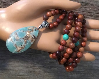 Meditation Chrysoprase Marker Beads Green Gold Copper Bornite Pendant Prayer Tibetan Bornite Stone 108 Sandalwood Bead Mala Zen Style
