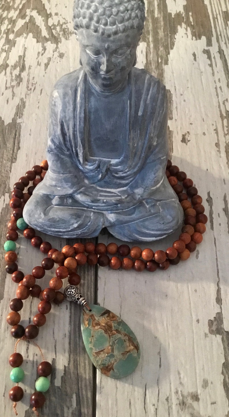 Meditation Chrysoprase Marker Beads Green Gold Copper Bornite Pendant Prayer Tibetan Bornite Stone 108 Sandalwood Bead Mala Zen Style