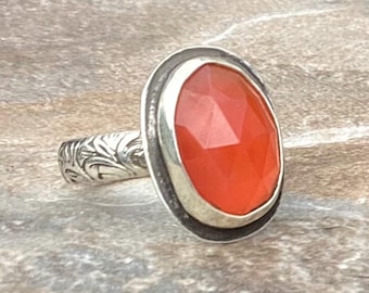 Carnelian Gemstone Ring: Rose Cut, Ornate Band
