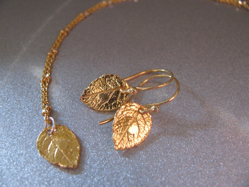 Small Gold Vermeil Rose Leaf Necklace and Earrings Set with Sterling Silver Minimalist Jewelry-Dangle Necklace Leaves-ToniRaeCreations