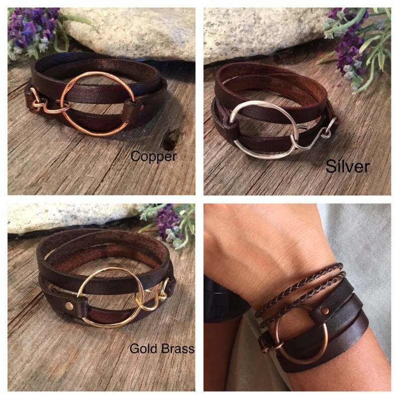 Women or Men Boho Healing Properties Silver or Gold Leather Wrap Bracelet Arthritis Copper Distressed Brown Leather Toniraecreations