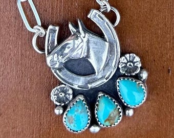 Kingman Turquoise Horse and Horseshoe Pendant Paperclip Chain NFR Jewelry