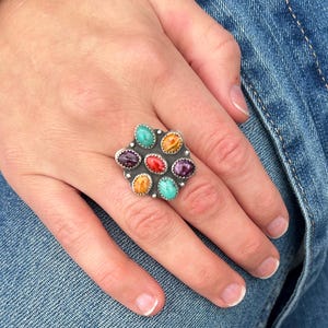 Cluster Ring with Spiny Oyster and Kingman Turquoise, Sterling Silver Statement Ring US 8.5