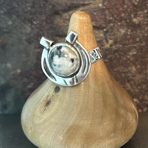 Size US 8 1/2 White Buffalo Horseshoe Ring, Handmade, Solid Sterling Silver, Hand Stamped Band