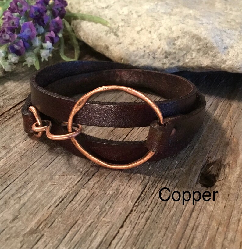 Women or Men Boho Healing Properties Silver or Gold Leather Wrap Bracelet Arthritis Copper Distressed Brown Leather Toniraecreations