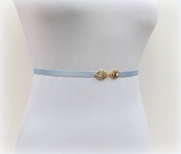 Light blue elastic waist belt. Skinny belt. Gold rhinestone Etsy