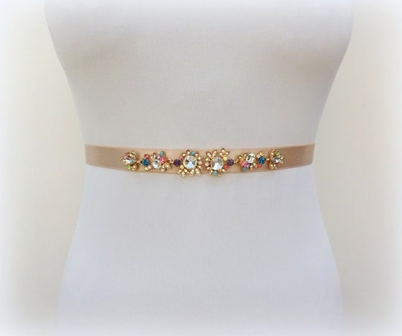 Champagne elastic waist belt. Jeweled belt. Multi color | Etsy