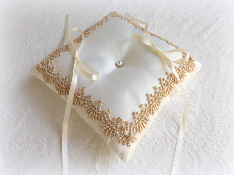 Ivory and gold lace vintage style wedding ring bearer pillow