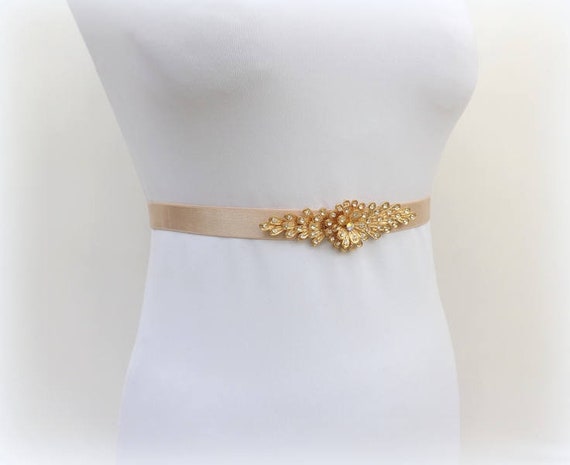 Champagne elastic waist belt. Gold rhinestone flower belt. | Etsy