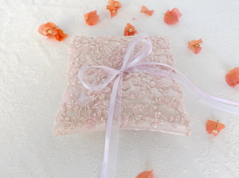 Light pink wedding ring pillow. Embroidered floral lace Etsy