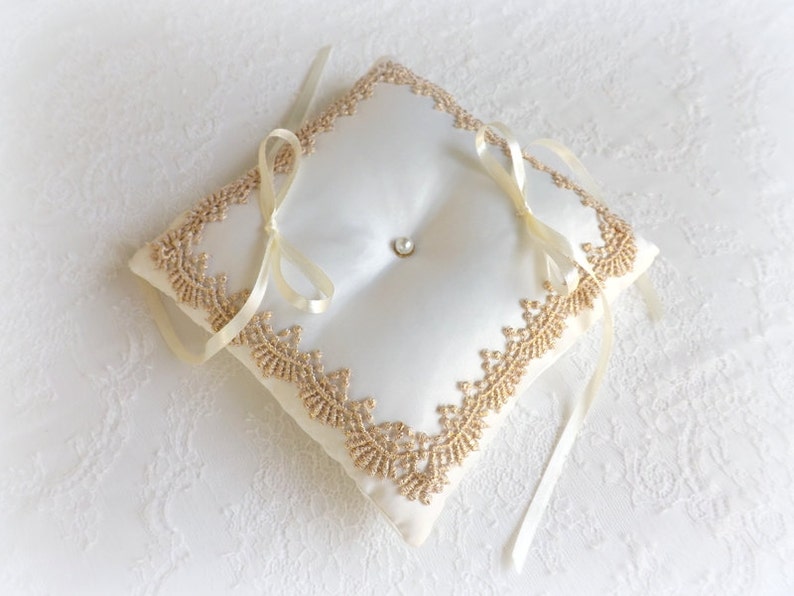 Ivory and gold lace vintage style wedding ring bearer pillow