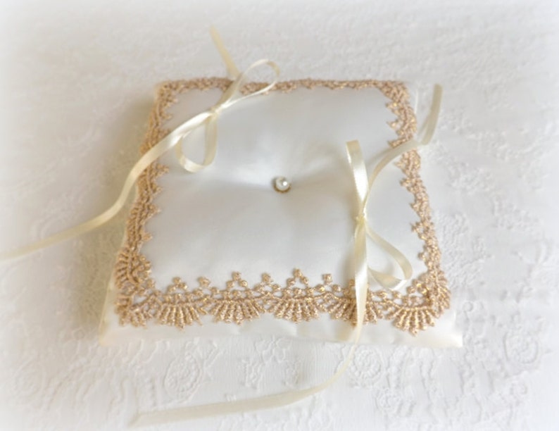 Ivory and gold lace vintage style wedding ring bearer pillow