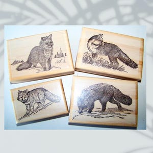 Fox Rubber Stamps | 4 Fox Stamps | New Wood Fox Rubber Stamps | Animal Rubber Stamps | Fox Block Stamps | Large Fox Stamp | Snow Fox Stamps