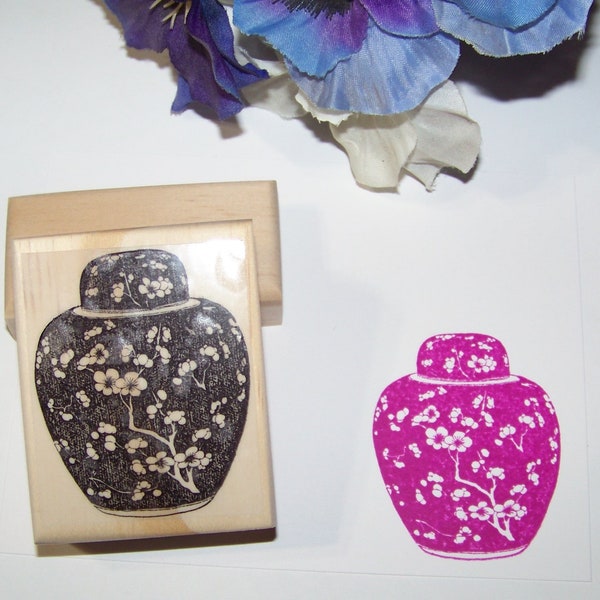 Vase Rubber Stamp | Cherry Blossom Ginger Jar Vase | Flower Vase new mounted rubber stamp | "Fushia" Pink Dye Ink Pad