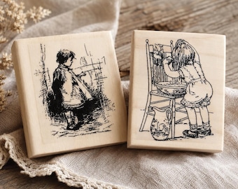 Vintage Children Rubber Stamps: Girl Washing Hair, Lonely Girl - Set of 2