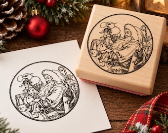 Vintage Santa Christmas Stamp Inspecting Toys Rubber Stamp, Christmas Crafting