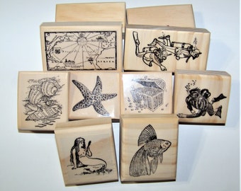 8 Rubber Stamps, Under the Sea Diver, mermaid, starfish, shells New Mounted Rubber Stamps