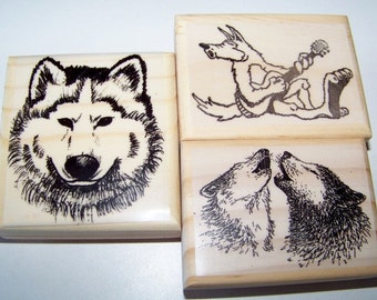 3 Wolf Rubber Stamps - WOLVES Rubber Stamps Wolf Stamps