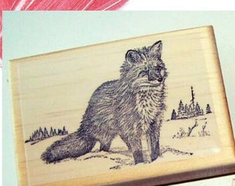 Snow Fox Rubber Stamp | Fox Rubber Stamp | Fox Block Stamps | Fox Stamp | Snow Fox Stamp | Animal Art Stamp