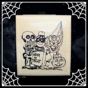 Halloween Rubber Stamp Skeleton, Cowboy & Princess Costume Halloween Trick or Treaters New Rubber Stamp