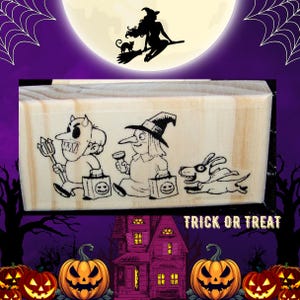 Halloween Rubber Stamp Devil Witch and Dog in Mask Trick or Treaters New Rubber Stamp