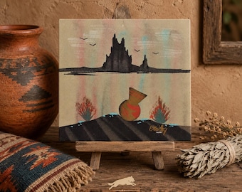 Sand Painting Yellow Vase with Mtn Background Authentic Navajo Sand Painting 21322-3 SHIPS FREE