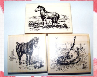 Horse Rubber Stamp, 3 Horses New Mounted Rubber Stamp Stamps