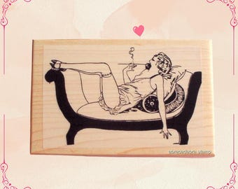 French Lady on Couch Rubber Stamp, Vintage Art Deco Style (3.25x2 in)