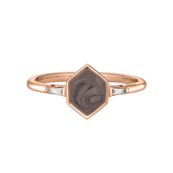 Hexagonal Cremation Ring with Baguette Diamonds in 14K Gold | Pet Ashes Memorial Jewelry
