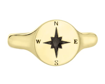 Anillo de cremación con sello de brújula para hombre en oro de 14 quilates / Joyas conmemorativas para cenizas de mascotas
